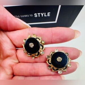 Antique Old Victorian Diamond Paste Onyx Enamel Gold Filled Earrings